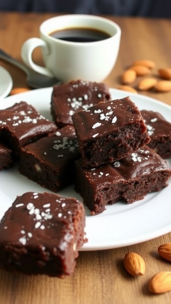 Fudgy gluten-free brownies on a plate with sea salt, coffee cup in the background.